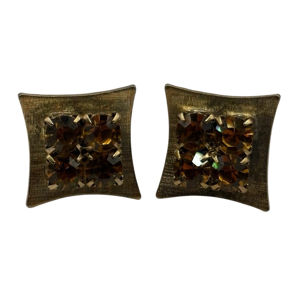 Yellow Rhinestone Cufflinks Square MCM Vintage Gold Tone Men's Formal Prong Set